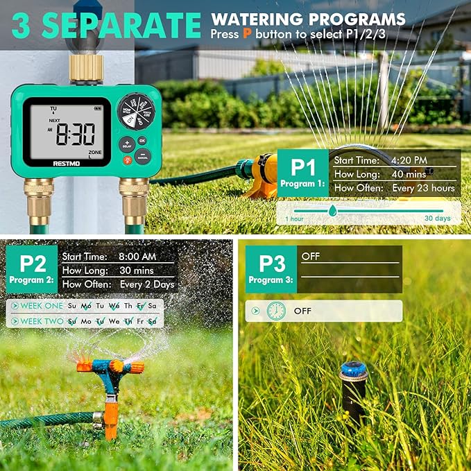 RESTMO Sprinkler Timer with Brass Inlet & Outlet, 3 Separate Programs Water Timer for Garden Hose, Manual/Rain Delay/Automatic Watering for Drip Irrigation and Lawn, 2 Outlet
