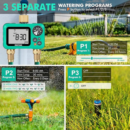 RESTMO Sprinkler Timer with Brass Inlet & Outlet, 3 Separate Programs Water Timer for Garden Hose, Manual/Rain Delay/Automatic Watering for Drip Irrigation and Lawn, 2 Outlet
