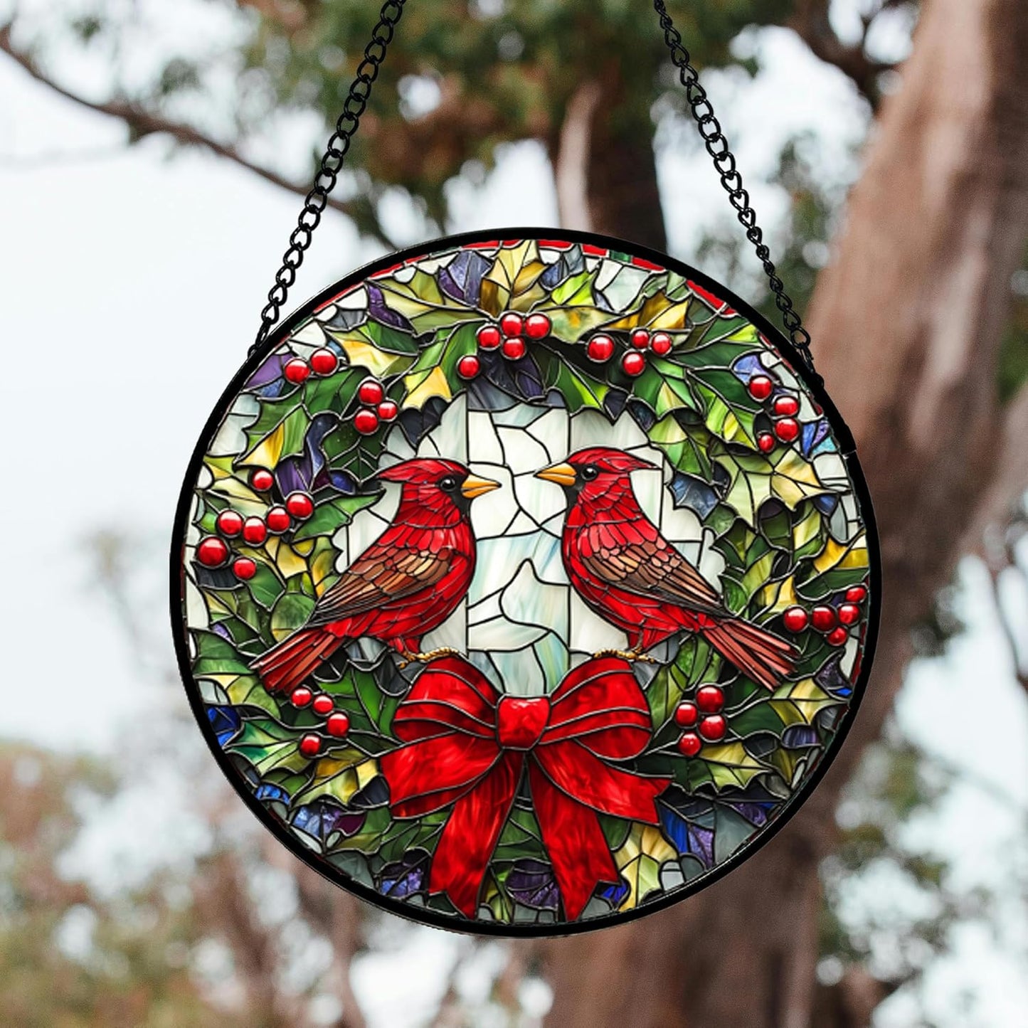 Stained Glass Window Hanging - Cardinals Green Wreath Suncatcher for Doors Home Christmas Decoration Red Bird Sun Catcher Thanksgiving New Year Birthday Gift for Women Men Mom Nana 14.9 in