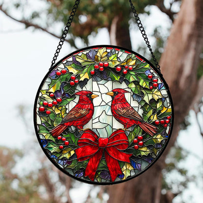Stained Glass Window Hanging - Cardinals Green Wreath Suncatcher for Doors Home Christmas Decoration Red Bird Sun Catcher Thanksgiving New Year Birthday Gift for Women Men Mom Nana 14.9 in