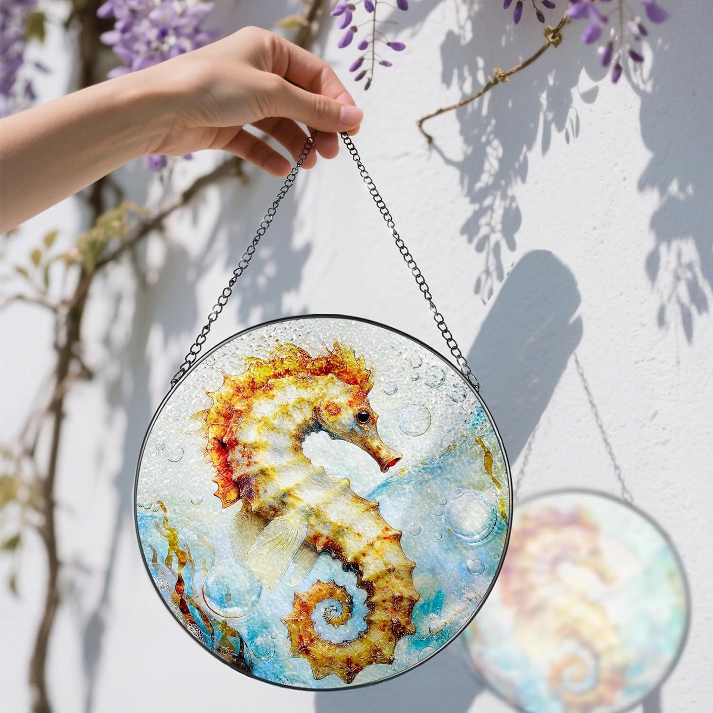Stained Glass Window Hanging, 8 Inch Seahorse Sun Catcher Decor, Stained Glass Ornament, Suncatchers for Windows Hanging, Window Decor, Seahorse Gifts, Gifts for Ocean Lovers