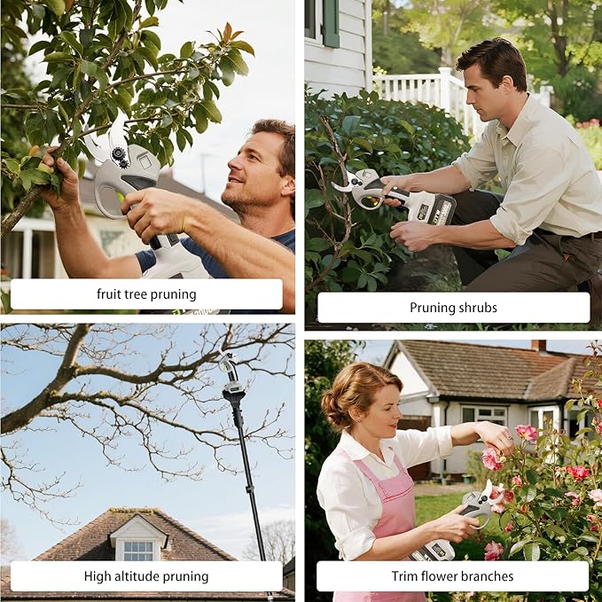 Electric Pruning Shears with Pole 1.4-2.0 Cutting Diameter & 2-IN-1 Electric Pole Pruner,2PCS 21V 3.0Ah Batteries,Brushiless Motor,4 Modes Adjustable Branches Cutter for Flower, Tree Trimming(Gray)