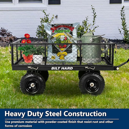 BILT HARD 10" Flat Free Tires Heavy Duty Garden Cart with 180° Rotating Handle and Removable Sides, 4 Cu.Ft 880 lbs Capacity Utility Steel Wagons for Outdoor, Yard