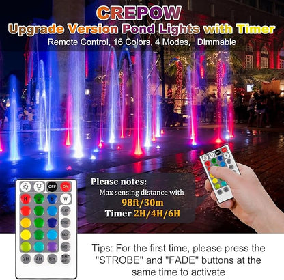 RGB Pond Lights with Timer, LED Underwater Submersible Colorful Landscape Spotlights, 98ft Remote Control IP68 Waterproof Fountain Lights for Fish Aquarium Tank Garden Yard Pool (Set of 2)