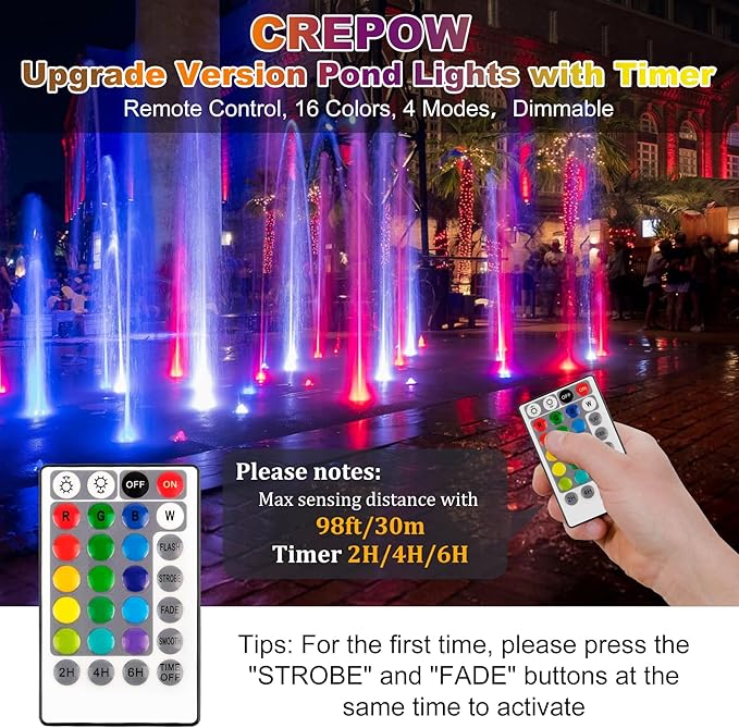 RGB Pond Lights with Timer, LED Underwater Submersible Colorful Landscape Spotlights, 98ft Remote Control IP68 Waterproof Fountain Lights for Fish Aquarium Tank Garden Yard Pool (Set of 3)