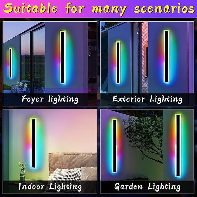 Widened 2 Pack Modern Exterior Lighting Fixtures, 57inch RGB Dimmable Outdoor Wall Sconces, 10 Colors, 5 Modes, IP65 Waterproof, Black Long LED Wall Mount Lights for Fence, Balcony, Garage