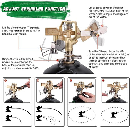 Triumpeek Impact Sprinkler on Tripod Base with Stakes, 360 Degree Large Area Coverage Irrigator with Extension Legs, Adjustable Brass Sprinkler Head Nozzle and 3/4" NH Inlet Hose Connection (1)
