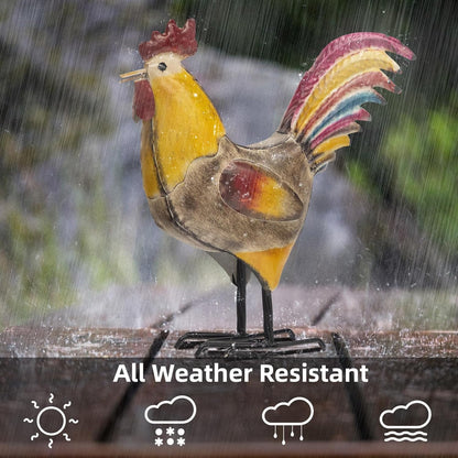 Metal Rooster and Hen Statues Set of 2, Indoor Outdoor Chicken Yard Art Decorations, Farmhouse Kitchen Table Garden Patio Lawn Decor, Gray Yellow Sculptures 12.2x11.5 Inch