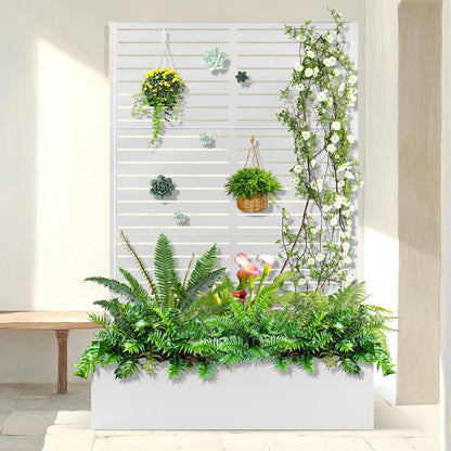 Metal Planter Box with Trellis, Raised Garder Bed with Drainage Hole, Privacy Screen & Trellis for Climbing Plants, Outdoor Plant Stands, 47''L×16''W×71''H, White