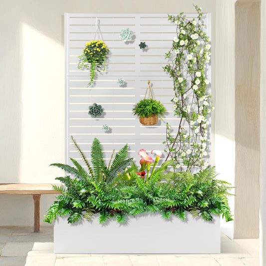 Metal Planter Box with Trellis, Raised Garder Bed with Drainage Hole, Privacy Screen & Trellis for Climbing Plants, Outdoor Plant Stands, 47''L×16''W×71''H, White
