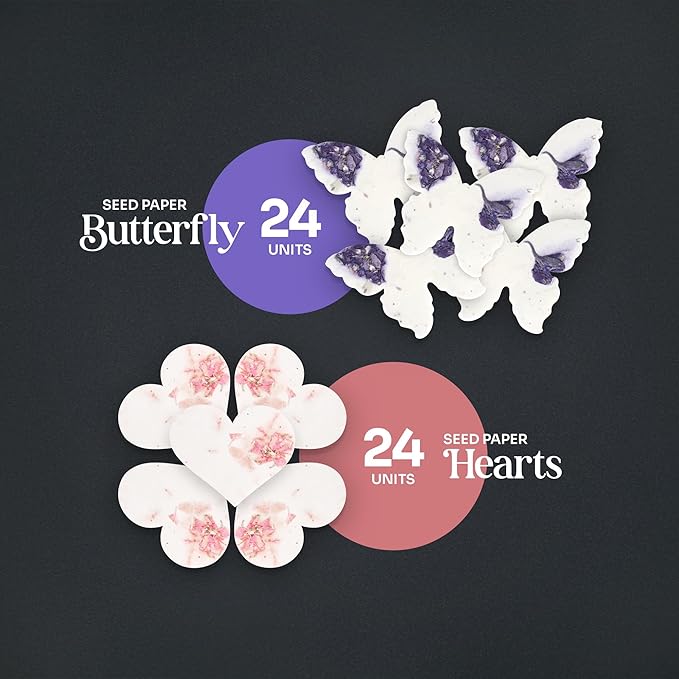 48pcs Plantable Seed Paper – 24 Heart & 24 Butterfly Embedded with Wildflower Seeds, Unique Gift for Mothers, Garden Lovers, Bridal Shower, Wedding, Birthday, & other Milestone Celebrations