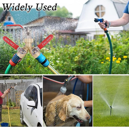 Garden Hose Splitter Full Flow, Brass Hose Splitter 2 Way Heavy Duty, Garden Hose Y Valve Hose Splitter with Shut off Valve, Outdoor Faucet Splitter Hose Connector, 3/4" GHT Threads