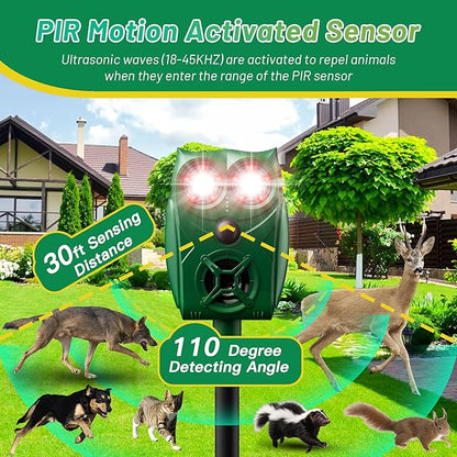 Solar-Powered Ultrasonic Animal Repellent with Motion Sensor, Waterproof Deer Repellent Device with LED Flashing Lights, Perfect for Outdoor Yards, Effective to Repel Deer, Coyotes, Raccoons, and Cats