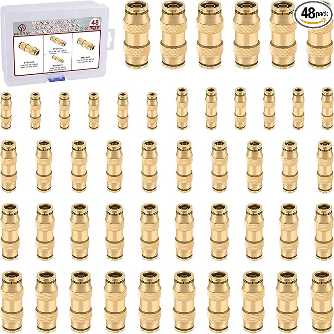 48pcs Quick Connect Brass DOT Air Line Fittings Straight Union 1/4” 3/8” 5/16” 5/32” 1/8” 1/2” Tube Push to Connect Fittings Air Suspension Fittings Straight Air Brake Union Push Lock Fittings