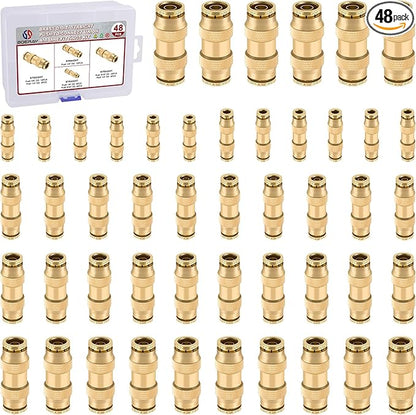 48pcs Quick Connect Brass DOT Air Line Fittings Straight Union 1/4” 3/8” 5/16” 5/32” 1/8” 1/2” Tube Push to Connect Fittings Air Suspension Fittings Straight Air Brake Union Push Lock Fittings