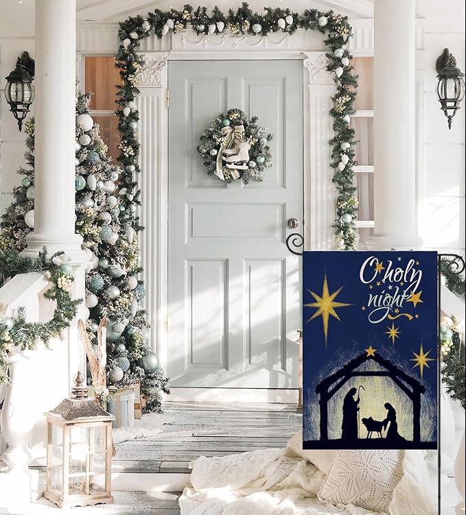 Christmas Oh Holy Night Garden Flag 12x18 Double Sided,Nativity with Star of Bethlehem Small Yard Flag,Seasonal Christ Winter Decors for Xmas Farmhouse Outside Outdoor