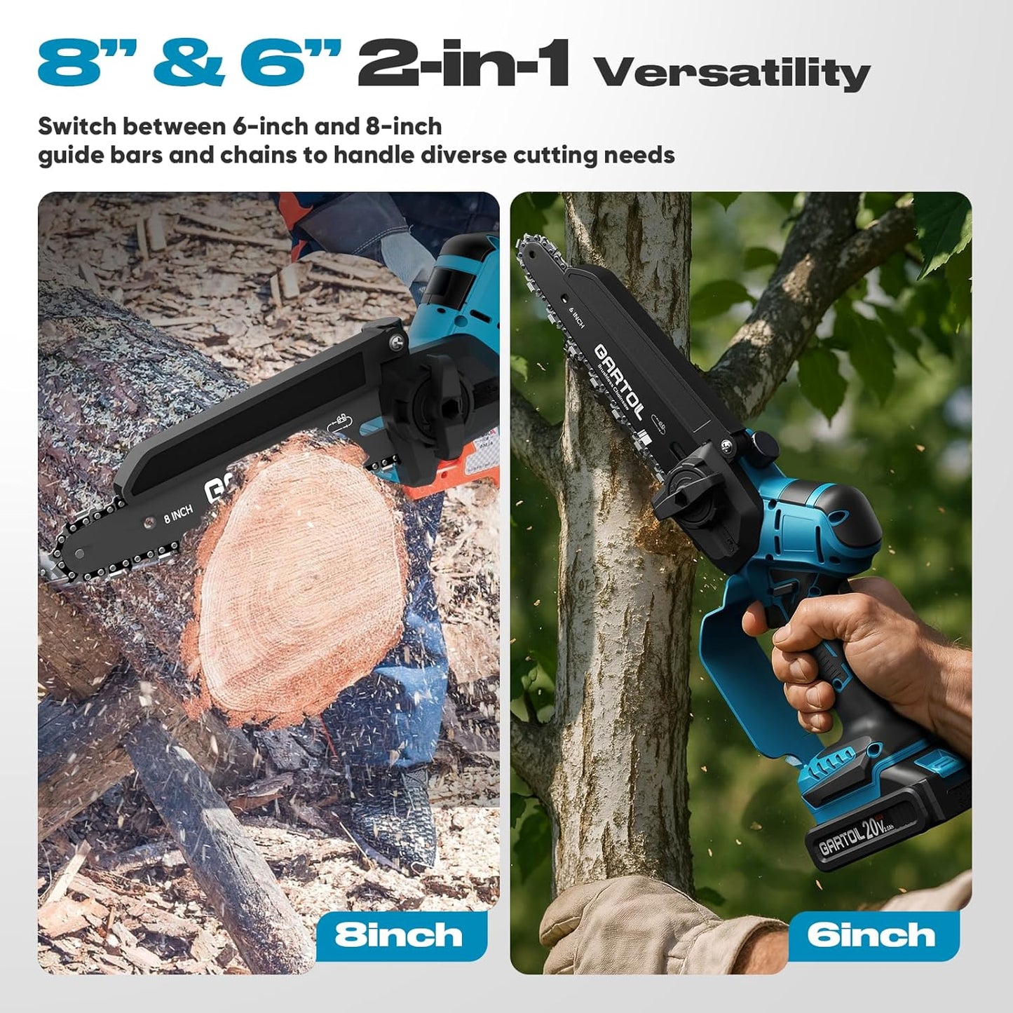 Mini Chainsaw 8” & 6” Compatible with Makita 18V Batteries, Cordless, Brushless Motor, Includes 2×20V Batteries & Charger, Lightweight Handheld Electric Chainsaw for Tree Trimming & Wood Cutting