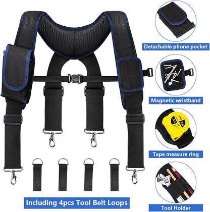 Tool Belt With Suspenders, 24 Pockets Tool Bag with Magnetic Wristband, Detachable Tool Pouch Bag, Adjustable Waists for Men Electrician Carpenter Construction(Blue)