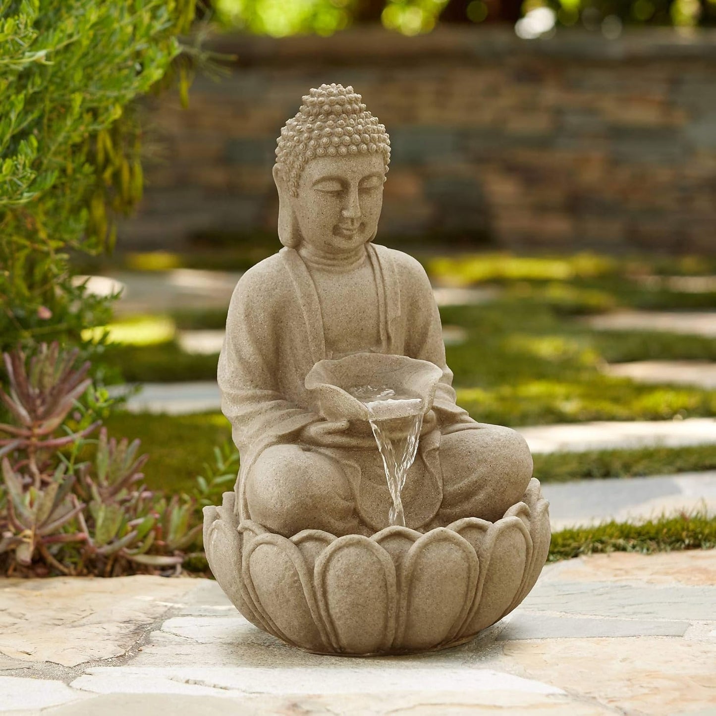Calm Buddha 22" High Large Zen Asian Indoor Outdoor Decor Sand Stone Floor Fountain with Light LED Standing Waterfall Water Feature for Outside Garden Patio Yard Backyard Porch Deck - John Timberland