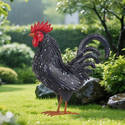 Rooster Garden Statue Sculpture Metal Chicken Yard Decor Outdoor Figurines Patio Backyard Decoration (Black)