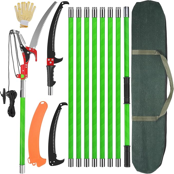 30 Ft Manual Pole Saw, Extendable Tree Pruner Blade and Scissors Set with 9 Fiberglass Handles, Long Branch Pruner Retractable for Backyard and Garden, Bush Cutting and Pruning of Palm Trees