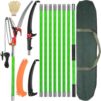 30 Ft Manual Pole Saw, Extendable Tree Pruner Blade and Scissors Set with 9 Fiberglass Handles, Long Branch Pruner Retractable for Backyard and Garden, Bush Cutting and Pruning of Palm Trees