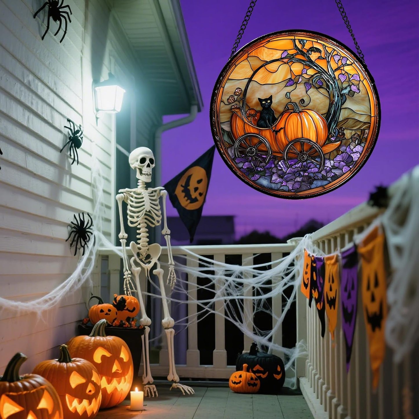 Stained Glass Window Hanging - Halloween Pumpkin Carriage Black Cat Suncatcher for Doors Window Garden Spooky Sun Catchers Gothic Decor Horror Gifts for Women Men Friend Boy Girl 15 in