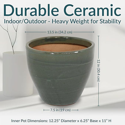 Sunnydaze Large Ceramic Plant Pot - Round Outdoor Glazed Ceramic Planter Pot with Drainage -Resort - Gray - 13.5"