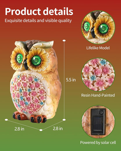 Hand-Painted Resin Owl Figurine with Glow-in-The-Dark Eyes, Solar-Powered Garden Decor 5.5'' Lawn Ornaments Statue Gardening Gifts for Outside Yard Art Patio (Owl)