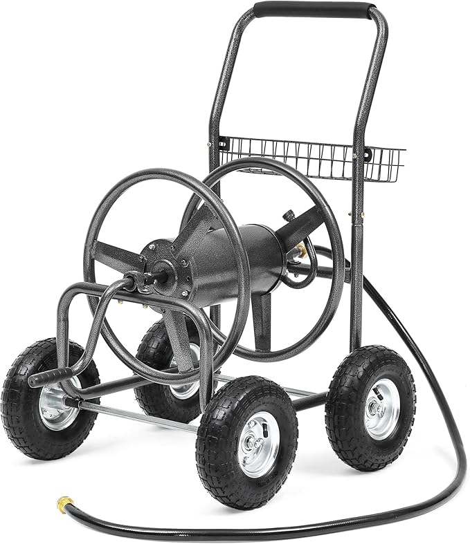 Garden Water Hose Reel Cart - 250 ft. Capacity, 10" Pneumatic Tires, Powder-Coated Steel Frame for Tangle-Free Garden Hose Storage
