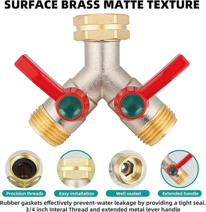Garden Hose Splitter High Flow, 3/4”GHT Inlet Brass Heavy Duty Full Flow Hose Splitter 2-Way, Hose Y-Valve Faucet Splitter, Runner and Large Outlet with Extended Handle.
