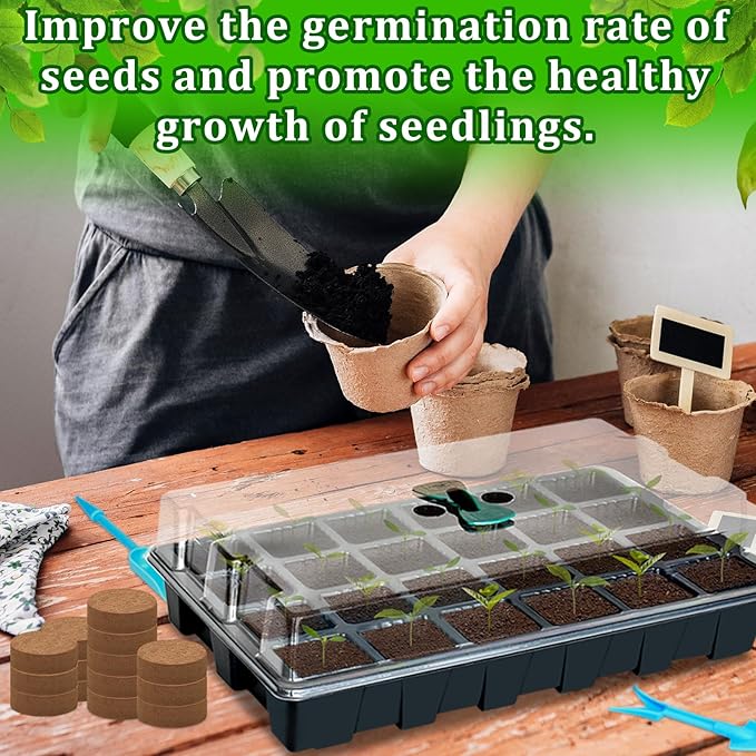 Halatool 2 Pack Seed Starter Trays with 50 Pcs Coco Pellets, Greenhouse Indoor Seed Germination System for Herbs Vegetables Flowers, Seed Starter Kit