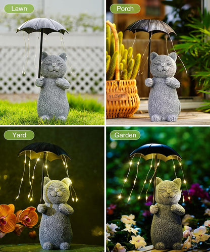 Nacome Solar Cat Garden Statues Outdoor Decor: Holding Umbrella with String Lights Patio Yard Lawn Outside Decorations - Birthday Gifts for Mom Grandma Women Sister(Grey)