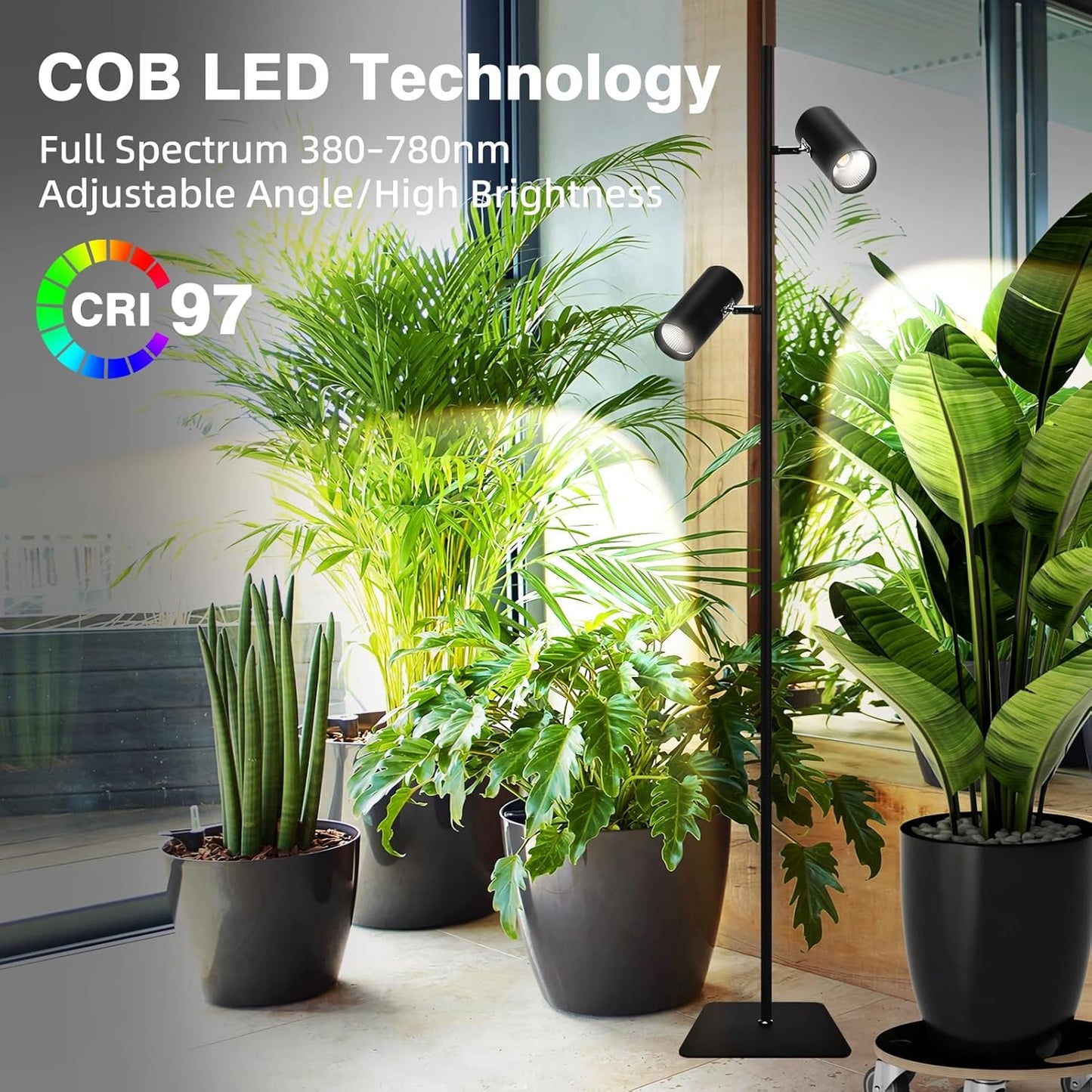 60W Dimmable Grow Light, Full Spectrum COB LED Dual-Head Floor Lamp with High CRI, 6/8/12H Timer, Adjustable Height (37"-77") & Angle – Standing Grow Lights for Indoor Plants (warm white 4000K)