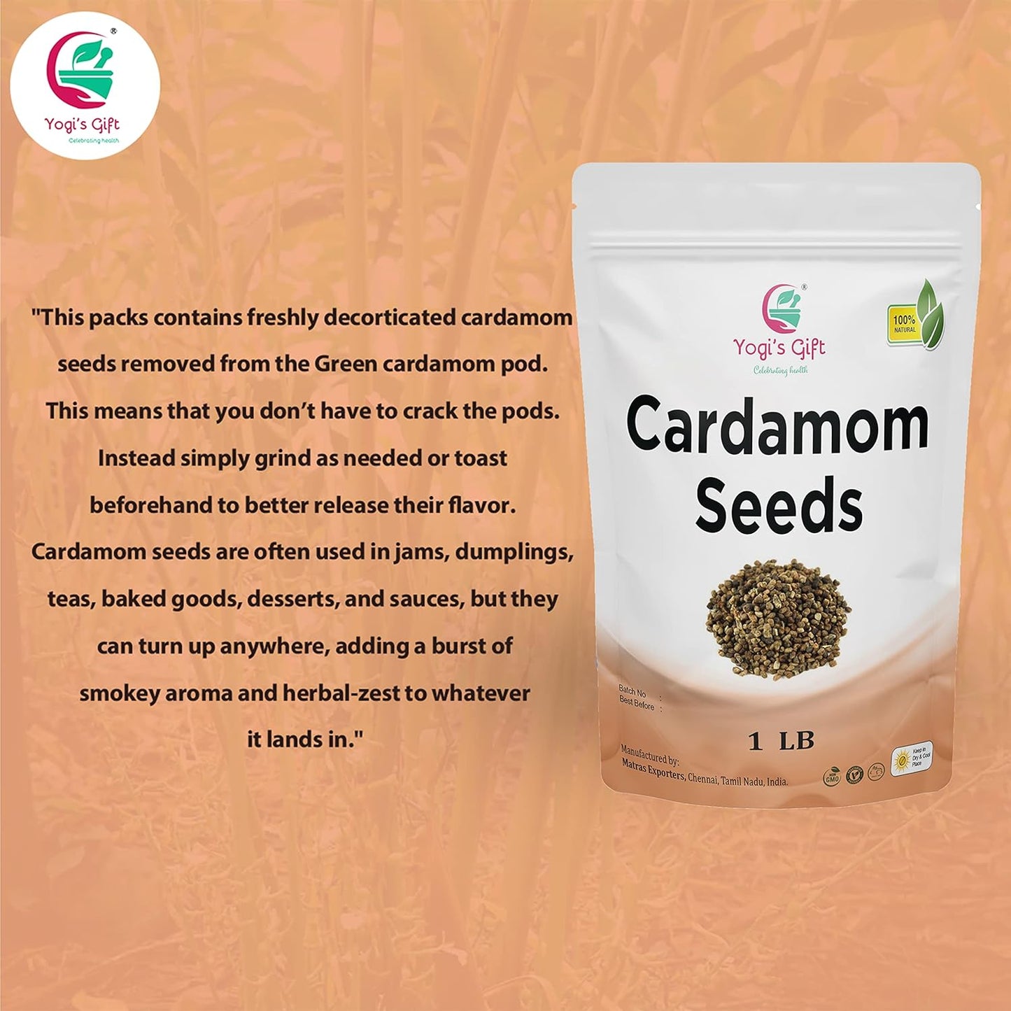 Cardamom Seeds 1 LB Bulk Pack | Decorticated Cardamon Seeds | Rich Fragrant Seeds for Tasty Beverages | by Yogi's Gift ®