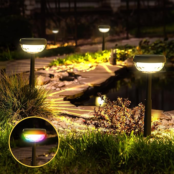 Ensenior Color Changing Solar Lights Outdoor, Auto ON/Off 3000K White Light & RGB LED Solar Garden Lights for Pathway, Yard, Patio, Waterproof, Energy-Efficient Landscape Lighting, 6-Pack