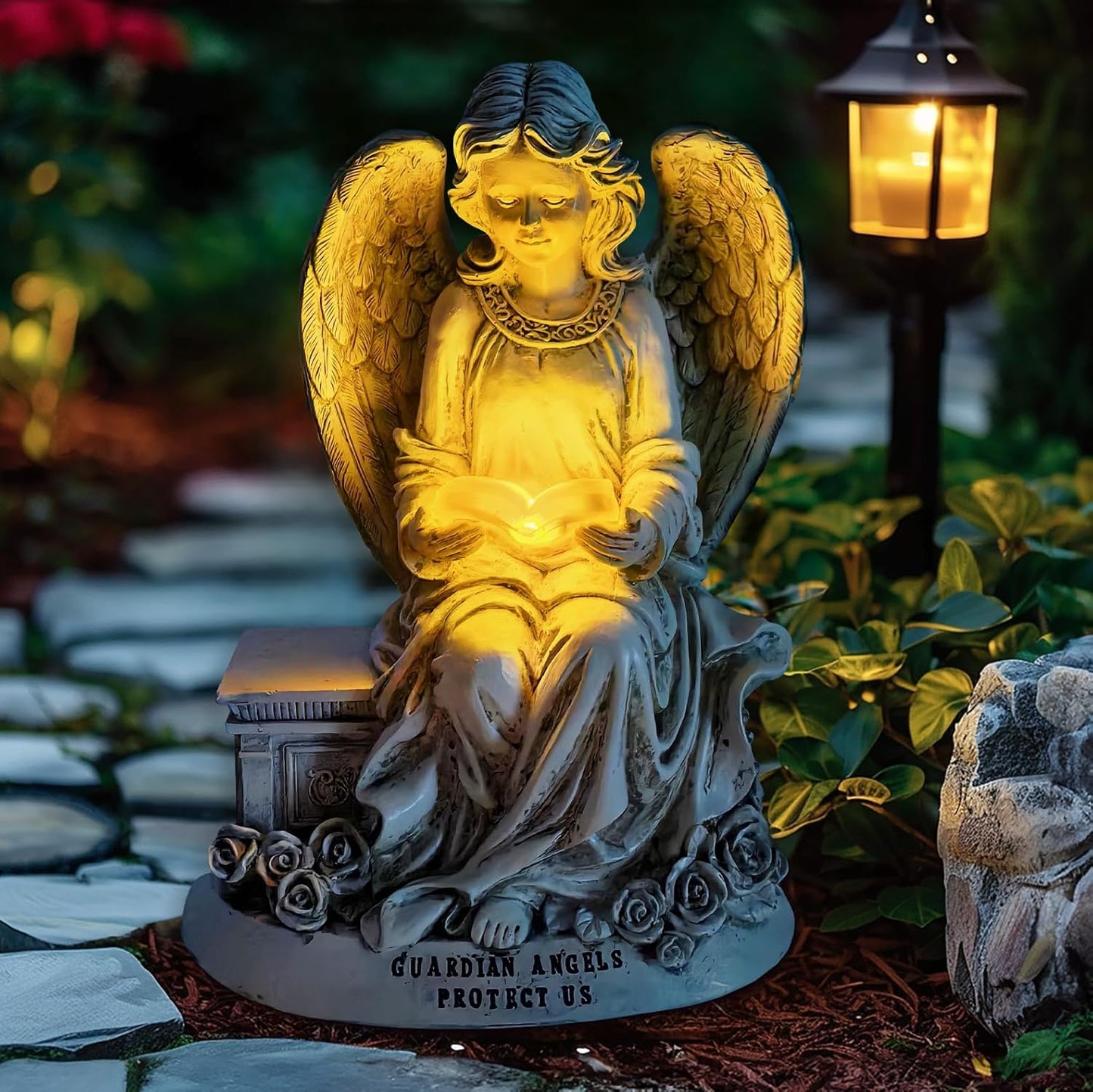 OrnamentallyYou Spring & Summer-Themed Garden Statues – Adorable Outdoor Decor for Lawn, Patio & Porch (Guardian Angel Reading Book Garden Statue, 10" Solar Powered Angelic Outdoor Figurine)