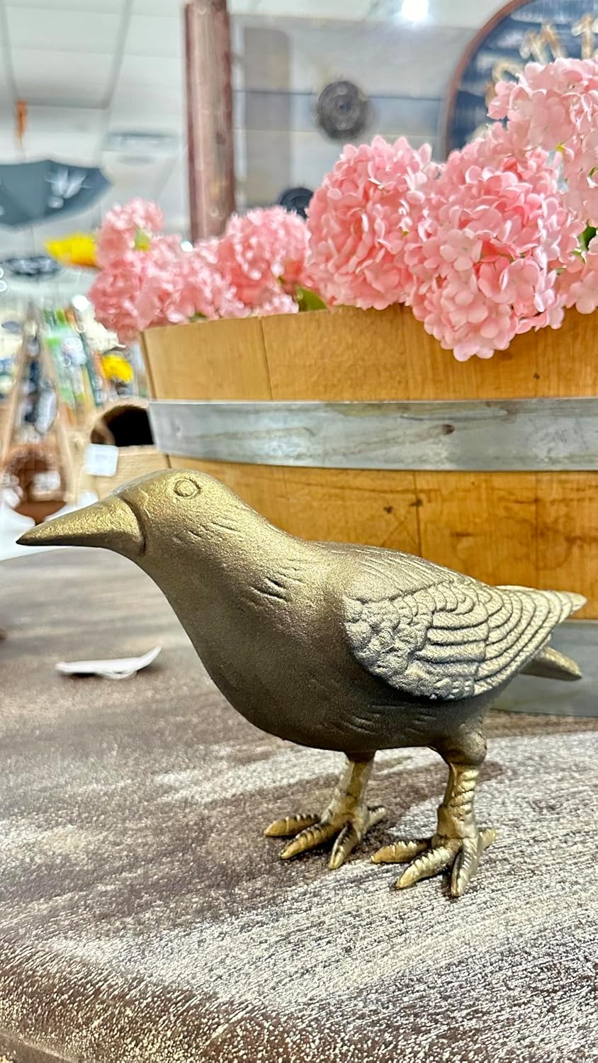 NACH Crow Decor, 4.5 x 11 x 3.5 inch, Cast Iron Antique Gold Raven Statue, Raven Decor for Outside - Head Up Crow Statue