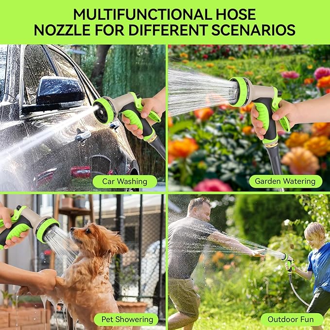 Garden Water Hose Nozzle ABS Water Spray Nozzle with 10 Spray Modes Suitable for Watering Plants, Iawns and Gardens, Car Washing, Cleaning, Showering Pets and Outdoor Fun, Light Green