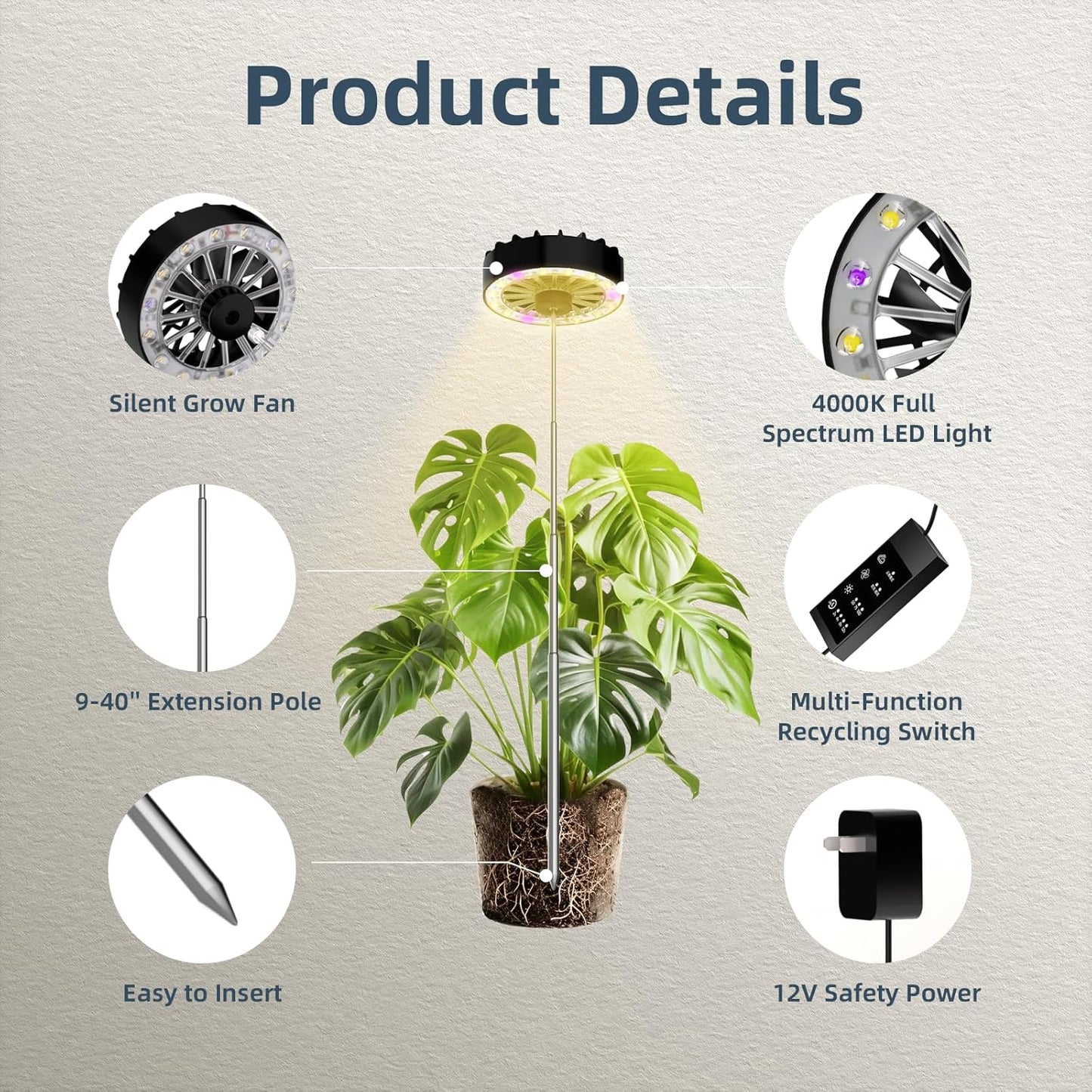 Halo Grow Lights for Indoor Plant, 40'' Height Adjustable Plant Grow Lights with Fan, Full Spectrum Led Plant Lights for Indoor Growing with Timer and 3 Levels Dimmable for Small/Medium Plants,1 Pack