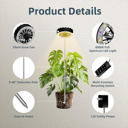 Halo Grow Lights for Indoor Plant, 40'' Height Adjustable Plant Grow Lights with Fan, Full Spectrum Led Plant Lights for Indoor Growing with Timer and 3 Levels Dimmable for Small/Medium Plants,2 Packs