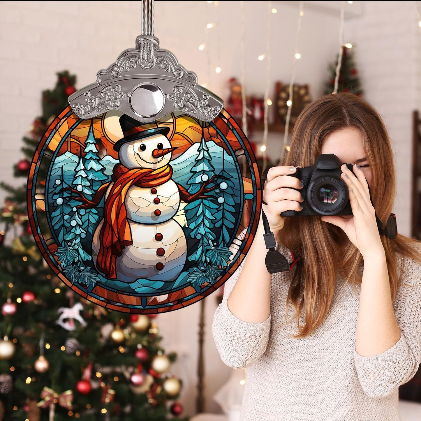 Pine Tree Forest Christmas Snowman Stained Glass Ornament, Holiday Decor for Xmas