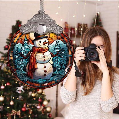 Pine Tree Forest Christmas Snowman Stained Glass Ornament, Holiday Decor for Xmas