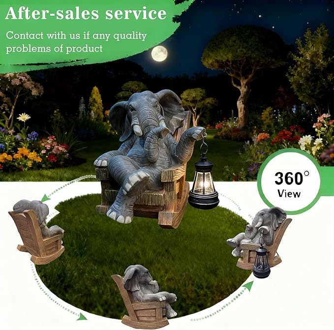 Solar Light Rocking Chair Elephant Statue in Garden-8.2''Outdoor Figurine Ornament,Funny Sculpture for Indoor Decor & Unique Gift Choice for Christmas,Thanksgiving,Mother's Day,Birthday!