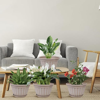 FGstyle 10 Inch Plants Pot,4 Pack Flower Pots,Planters Pot with Drainage Hole & Saucer,Modern Planters for Indoor Outdoor Plants,Decorative Resin Garden Pots for Outdoor Indoor Home Plants (Beige)