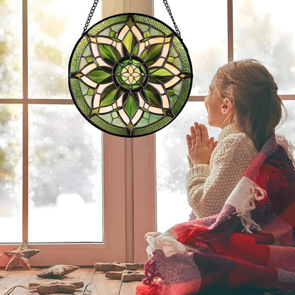 Stained Glass Window Hanging - White Green Boho Flower Suncatcher for Doors Window Home Sun Catchers Decor Christmas Mother's Day Birthday Gifts for Teacher Women Men Mom Nana 9.8 in