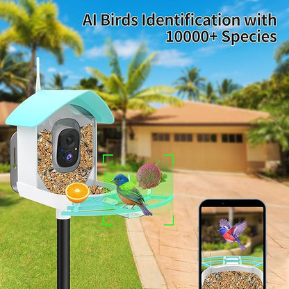 Smart Bird Feeder with Camera,AI Identify Birds Breed,Solar Powered WiFi FHD 2K Live View Camera,Auto Capture Video,Backyard Garden Bird Watching,Motion Detection,Cloud and SD Card Storage,Blue
