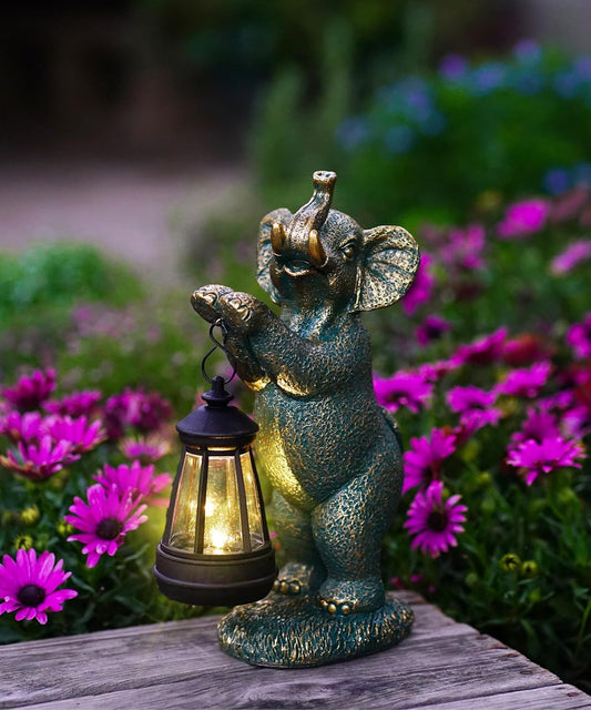 Solar Elephant Garden Statues for Outdoor: Outside Sculpture Lantern Decor for Yard Lawn Porch Patio Balcony Decorations Gifts for Grandma Mom Women