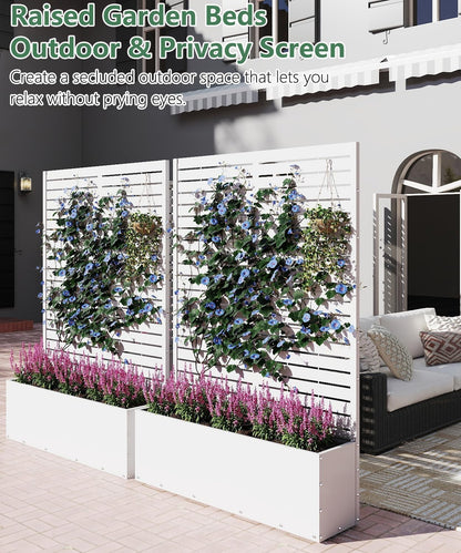 2PCS Metal Planter Box with Trellis,70.9"x47.2"x15.7" Raised Garden Bed with Drainage Holes, Privacy Planters for Outdoor Garden Bed for Climbing Plants,Vegetables,and Vines, White-louvered