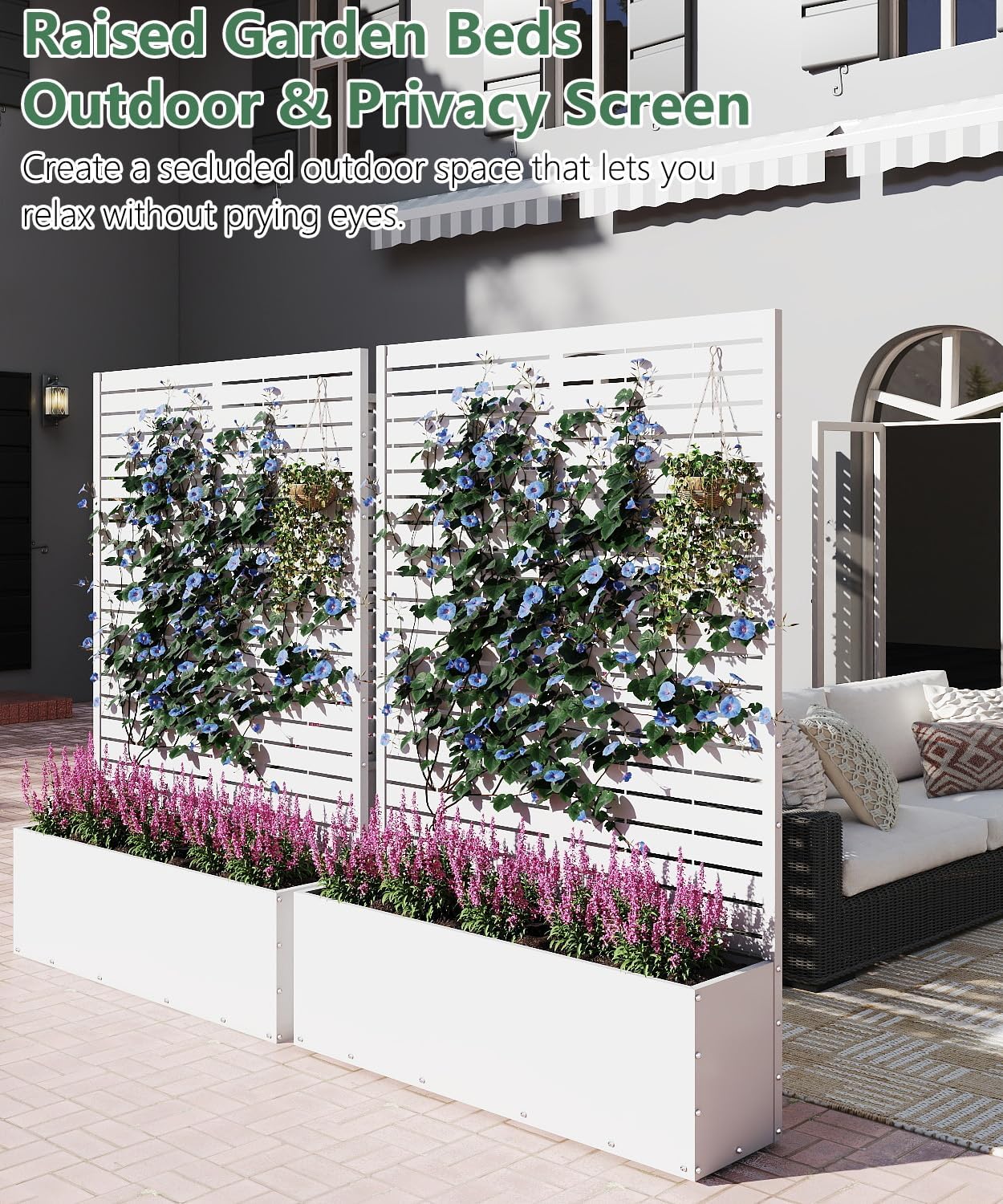 Metal Planter Box with Trellis,70.9"x47.2"x15.7" Raised Garden Bed with Drainage Holes, Privacy Planters for Outdoor Garden Bed for Climbing Plants,Vegetables,and Vines, White-louvered